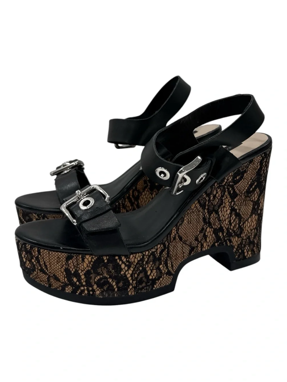 Zara Black  Lace-Print Wedge Sandals - Women's Platform Heels size 36 US 5.5